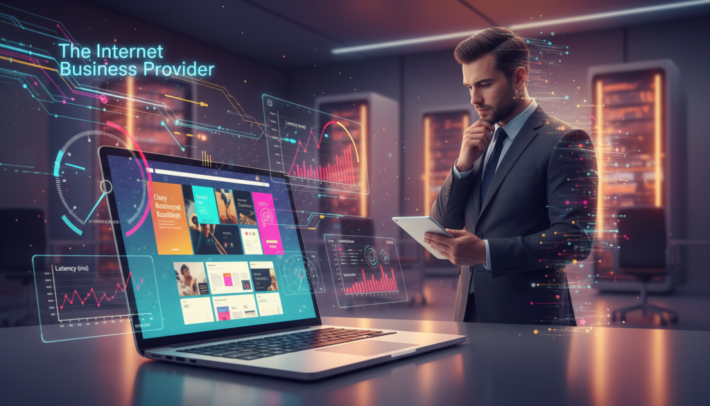 A dynamic composition illustrating the paradox of "Beautiful Design vs. Poor Performance." In the foreground, a sleek laptop displaying an aesthetically pleasing website design, with vibrant colors and modern typography. Surrounding the laptop, visual elements like speed gauges and graphs depicting server performance metrics, hinting at optimization efforts. In the middle ground, a professional person in business attire looks contemplatively at the laptop, analyzing the balance between design and speed. The background features a stylized office environment with server racks glowing softly, casting warm light. The overall atmosphere conveys a sense of urgency and innovation, highlighting the tension between beauty and functionality. Include the brand name "The Internet Business Provider" prominently in the scene. A dynamic composition illustrating the paradox of "Beautiful Design vs. Poor Performance." In the foreground, a sleek laptop displaying an aesthetically pleasing website design, with vibrant colors and modern typography. Surrounding the laptop, visual elements like speed gauges and graphs depicting server performance metrics, hinting at optimization efforts. In the middle ground, a professional person in business attire looks contemplatively at the laptop, analyzing the balance between design and speed. The background features a stylized office environment with server racks glowing softly, casting warm light. The overall atmosphere conveys a sense of urgency and innovation, highlighting the tension between beauty and functionality. Include the brand name "The Internet Business Provider" prominently in the scene.