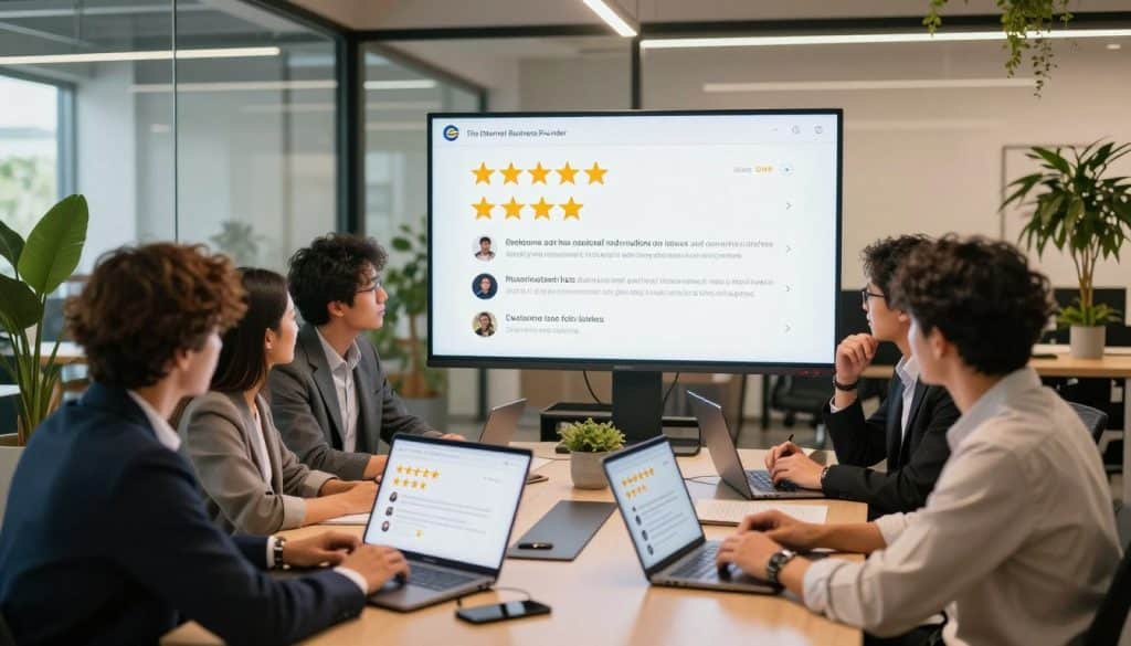 A dynamic office scene showcasing a professional team engaged in acquiring customer reviews. In the foreground, a diverse group of professionals in business attire collaborate around a sleek conference table, reviewing online feedback on digital devices. The middle ground features a large digital screen displaying 5-star ratings and positive customer testimonials, highlighting the importance of reputation. The background exhibits a modern office environment with glass walls, abundant natural light streaming in, and vibrant plants that create a lively atmosphere. The color palette should be warm and inviting, emphasizing professionalism and trust. The logo of "The Internet Business Provider" is subtly integrated into the digital screen, reinforcing brand presence. Capture this moment with a slightly elevated angle to convey depth and engagement. A dynamic office scene showcasing a professional team engaged in acquiring customer reviews. In the foreground, a diverse group of professionals in business attire collaborate around a sleek conference table, reviewing online feedback on digital devices. The middle ground features a large digital screen displaying 5-star ratings and positive customer testimonials, highlighting the importance of reputation. The background exhibits a modern office environment with glass walls, abundant natural light streaming in, and vibrant plants that create a lively atmosphere. The color palette should be warm and inviting, emphasizing professionalism and trust. The logo of "The Internet Business Provider" is subtly integrated into the digital screen, reinforcing brand presence. Capture this moment with a slightly elevated angle to convey depth and engagement.