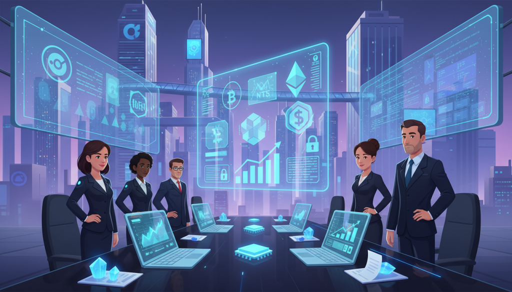 A futuristic office environment illustrating the concept of "Digital Asset Ownership." In the foreground, a diverse group of professionals in smart business attire stands confidently near a holographic display of digital assets like cryptocurrencies, NFTs, and digital contracts, glowing with vibrant blue and green hues. The middle layer shows a sleek table with laptops and smart devices showcasing graphs and stats on digital ownership growth, surrounded by documents that symbolize security and success. The background features a city skyline with digital billboards, reflecting innovation and progress, under a soft, ambient light creating a hopeful atmosphere. Shot with a wide-angle lens to emphasize the depth and importance of the visual narrative, conveying a mood of optimism and strategic foresight. A futuristic office environment illustrating the concept of "Digital Asset Ownership." In the foreground, a diverse group of professionals in smart business attire stands confidently near a holographic display of digital assets like cryptocurrencies, NFTs, and digital contracts, glowing with vibrant blue and green hues. The middle layer shows a sleek table with laptops and smart devices showcasing graphs and stats on digital ownership growth, surrounded by documents that symbolize security and success. The background features a city skyline with digital billboards, reflecting innovation and progress, under a soft, ambient light creating a hopeful atmosphere. Shot with a wide-angle lens to emphasize the depth and importance of the visual narrative, conveying a mood of optimism and strategic foresight.