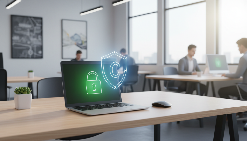 A high-quality, professional wide-angle shot of a clean desk with a laptop showing a green padlock icon on the screen, a digital certificate shield floating above the keyboard, bright and modern office aesthetic, 8k resolution. A high-quality, professional wide-angle shot of a clean desk with a laptop showing a green padlock icon on the screen, a digital certificate shield floating above the keyboard, bright and modern office aesthetic, 8k resolution.