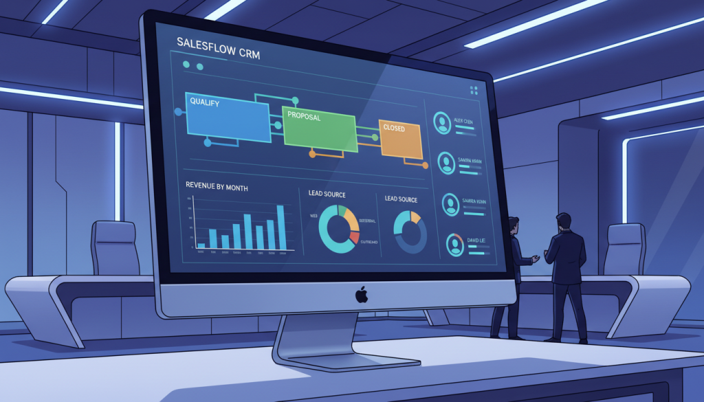 A high-tech digital dashboard showing a visual sales CRM with colorful pipeline stages, data charts, and lead profiles on a sleek computer monitor in a modern office, cinematic lighting, 4k resolution. A high-tech digital dashboard showing a visual sales CRM with colorful pipeline stages, data charts, and lead profiles on a sleek computer monitor in a modern office, cinematic lighting, 4k resolution.