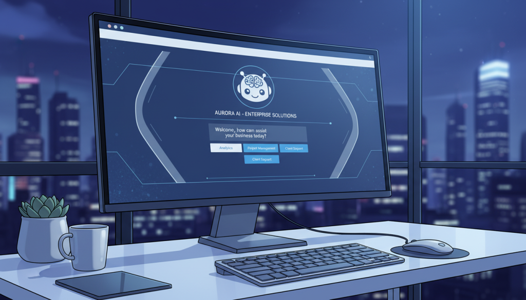 A high-tech digital workspace showing a sleek AI chatbot interface on a glowing computer monitor, clean minimalist design, professional B2B software aesthetic, 4k resolution, soft blue and white lighting. A high-tech digital workspace showing a sleek AI chatbot interface on a glowing computer monitor, clean minimalist design, professional B2B software aesthetic, 4k resolution, soft blue and white lighting.
