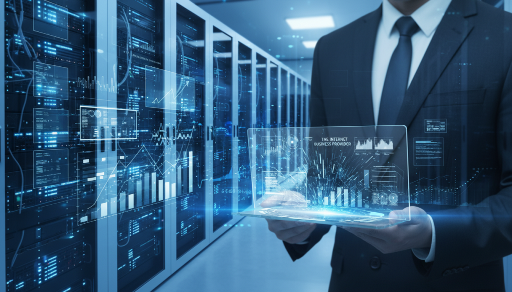 A high-tech server room bathed in blue and white ambient lighting, showcasing rows of sleek servers with blinking lights and status monitors, representing powerful hosting infrastructure. In the foreground, a professional in business attire, holding a tablet and analyzing performance metrics displayed on a holographic interface. The middle layer highlights graphical charts reflecting bandwidth usage and load speeds, emphasizing the intensity of digital traffic. The background is filled with racks of interconnected servers, glowing softly, with a sense of organized urgency. The atmosphere conveys a blend of professionalism and high energy, illustrating the need for efficient hosting. Branding elements subtly feature "The Internet Business Provider" across the monitors and holographic displays, ensuring a corporate yet visionary feel. A high-tech server room bathed in blue and white ambient lighting, showcasing rows of sleek servers with blinking lights and status monitors, representing powerful hosting infrastructure. In the foreground, a professional in business attire, holding a tablet and analyzing performance metrics displayed on a holographic interface. The middle layer highlights graphical charts reflecting bandwidth usage and load speeds, emphasizing the intensity of digital traffic. The background is filled with racks of interconnected servers, glowing softly, with a sense of organized urgency. The atmosphere conveys a blend of professionalism and high energy, illustrating the need for efficient hosting. Branding elements subtly feature "The Internet Business Provider" across the monitors and holographic displays, ensuring a corporate yet visionary feel.
