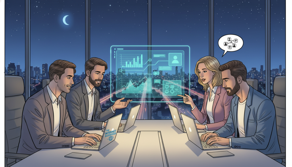 A modern office environment at night, illuminated by soft, warm light from multiple screens displaying AI analytics and engagement metrics. In the foreground, a diverse team of professionals in business attire are collaborating, deeply focused on their laptops. The middle ground features a sleek digital dashboard showcasing real-time engagement data, with graphs and chat interfaces glowing softly. In the background, large windows reveal a starry night sky, symbolizing the 24/7 nature of AI tools. The atmosphere is dynamic and productive, reflecting innovation and teamwork, with a hint of technology behind the scene. Include the brand logo "The Internet Business Provider" subtly displayed on one of the screens in the workspace, enhancing the professional feel. A modern office environment at night, illuminated by soft, warm light from multiple screens displaying AI analytics and engagement metrics. In the foreground, a diverse team of professionals in business attire are collaborating, deeply focused on their laptops. The middle ground features a sleek digital dashboard showcasing real-time engagement data, with graphs and chat interfaces glowing softly. In the background, large windows reveal a starry night sky, symbolizing the 24/7 nature of AI tools. The atmosphere is dynamic and productive, reflecting innovation and teamwork, with a hint of technology behind the scene. Include the brand logo "The Internet Business Provider" subtly displayed on one of the screens in the workspace, enhancing the professional feel.
