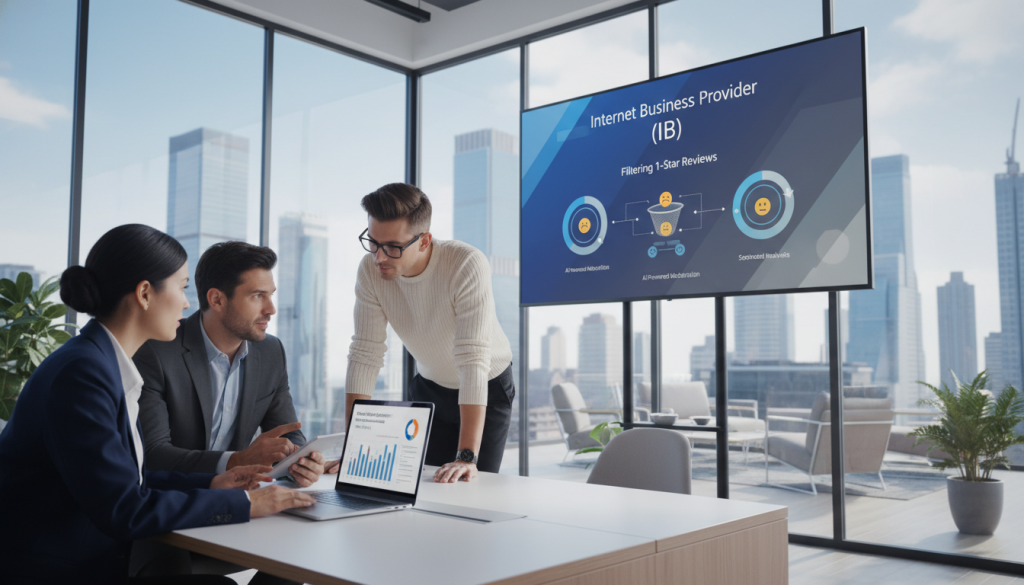 A modern office environment featuring a sleek desk setup, with a high-tech laptop displaying analytics and graphs related to review management tools. In the foreground, a diverse group of business professionals dressed in smart attire—one female in a blazer, one male in a suit, and another non-binary individual in professional casual wear—collaborating and discussing strategies. The middle emphasizes a large digital screen showcasing the brand name "Internet Business Provider (IB)" with visually engaging infographics about filtering 1-star reviews. The background features a polished glass wall with a view of a city skyline during daylight, soft natural lighting creating an optimistic and innovative atmosphere, captured with a slight tilt angle to emphasize teamwork and forward-thinking. A modern office environment featuring a sleek desk setup, with a high-tech laptop displaying analytics and graphs related to review management tools. In the foreground, a diverse group of business professionals dressed in smart attire—one female in a blazer, one male in a suit, and another non-binary individual in professional casual wear—collaborating and discussing strategies. The middle emphasizes a large digital screen showcasing the brand name "Internet Business Provider (IB)" with visually engaging infographics about filtering 1-star reviews. The background features a polished glass wall with a view of a city skyline during daylight, soft natural lighting creating an optimistic and innovative atmosphere, captured with a slight tilt angle to emphasize teamwork and forward-thinking.