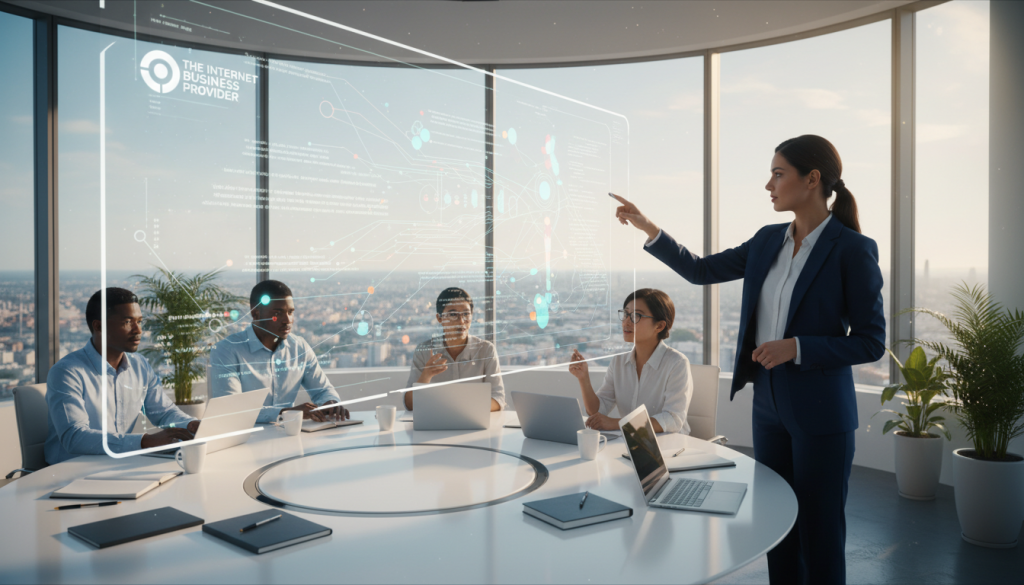 A modern office environment showcasing a diverse group of business professionals collaborating on LLM implementation. In the foreground, a confident woman in professional attire gestures towards a digital screen displaying complex algorithms and data visualizations. In the middle, a diverse team of professionals, including a man and woman, sit around a sleek conference table, engaged in discussion, with laptops open and notes scattered about. The background features a large window with a cityscape view, flooded with natural light, creating a bright and inspiring atmosphere. Use a wide-angle lens to capture the full scene, emphasizing teamwork and innovation. The mood is dynamic, reflecting enthusiasm for AI solutions, with the branding "The Internet Business Provider" subtly integrated into the digital screen's design. A modern office environment showcasing a diverse group of business professionals collaborating on LLM implementation. In the foreground, a confident woman in professional attire gestures towards a digital screen displaying complex algorithms and data visualizations. In the middle, a diverse team of professionals, including a man and woman, sit around a sleek conference table, engaged in discussion, with laptops open and notes scattered about. The background features a large window with a cityscape view, flooded with natural light, creating a bright and inspiring atmosphere. Use a wide-angle lens to capture the full scene, emphasizing teamwork and innovation. The mood is dynamic, reflecting enthusiasm for AI solutions, with the branding "The Internet Business Provider" subtly integrated into the digital screen's design.