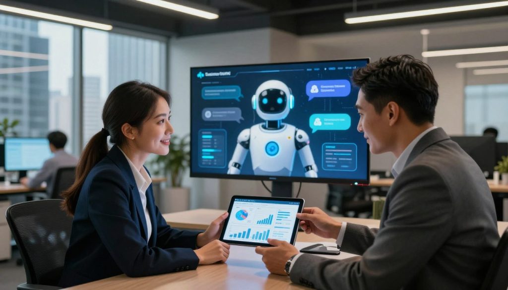 A modern office environment showcasing a professional businesswoman and businessman discussing strategies. In the foreground, the couple is analyzing a digital tablet displaying graphs and data related to customer support ROI. The middle ground features a sleek AI chatbot displayed on a large screen, symbolizing efficiency and productivity in customer interactions. The background exhibits an open office space with dynamic lighting, with skyscrapers visible through large windows, creating an atmosphere of innovation and success. The mood is focused and optimistic, with warm and cool light contrasts. Include subtle branding elements of "The Internet Business Provider" in the office decor, maintaining a professional and polished look throughout the scene. A modern office environment showcasing a professional businesswoman and businessman discussing strategies. In the foreground, the couple is analyzing a digital tablet displaying graphs and data related to customer support ROI. The middle ground features a sleek AI chatbot displayed on a large screen, symbolizing efficiency and productivity in customer interactions. The background exhibits an open office space with dynamic lighting, with skyscrapers visible through large windows, creating an atmosphere of innovation and success. The mood is focused and optimistic, with warm and cool light contrasts. Include subtle branding elements of "The Internet Business Provider" in the office decor, maintaining a professional and polished look throughout the scene.