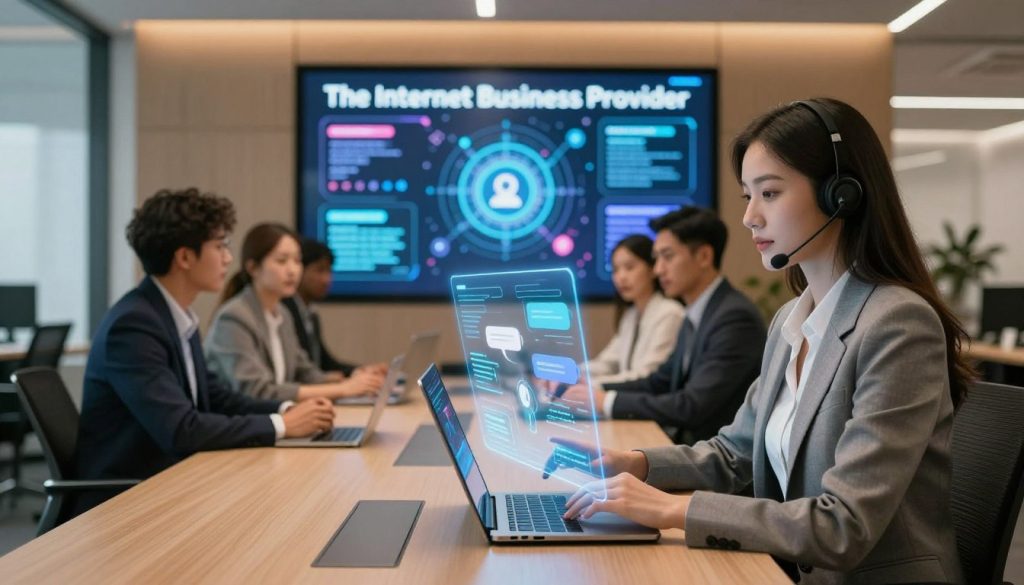 A modern office interior featuring a sleek, interactive digital assistant interface designed for customer support and sales. In the foreground, a well-dressed female business consultant engages with a holographic chatbot displaying dynamic data and visual analytics. In the middle ground, a diverse team of professionals in smart attire collaborates around a conference table, discussing chatbot integration strategies. The background showcases a large digital screen displaying the brand name "The Internet Business Provider," featuring vibrant graphics and AI-driven insights. Soft, warm lighting creates a collaborative atmosphere, with a shallow depth of field for focus. The overall mood is innovative and professional, capturing the essence of AI integration in business. A modern office interior featuring a sleek, interactive digital assistant interface designed for customer support and sales. In the foreground, a well-dressed female business consultant engages with a holographic chatbot displaying dynamic data and visual analytics. In the middle ground, a diverse team of professionals in smart attire collaborates around a conference table, discussing chatbot integration strategies. The background showcases a large digital screen displaying the brand name "The Internet Business Provider," featuring vibrant graphics and AI-driven insights. Soft, warm lighting creates a collaborative atmosphere, with a shallow depth of field for focus. The overall mood is innovative and professional, capturing the essence of AI integration in business.