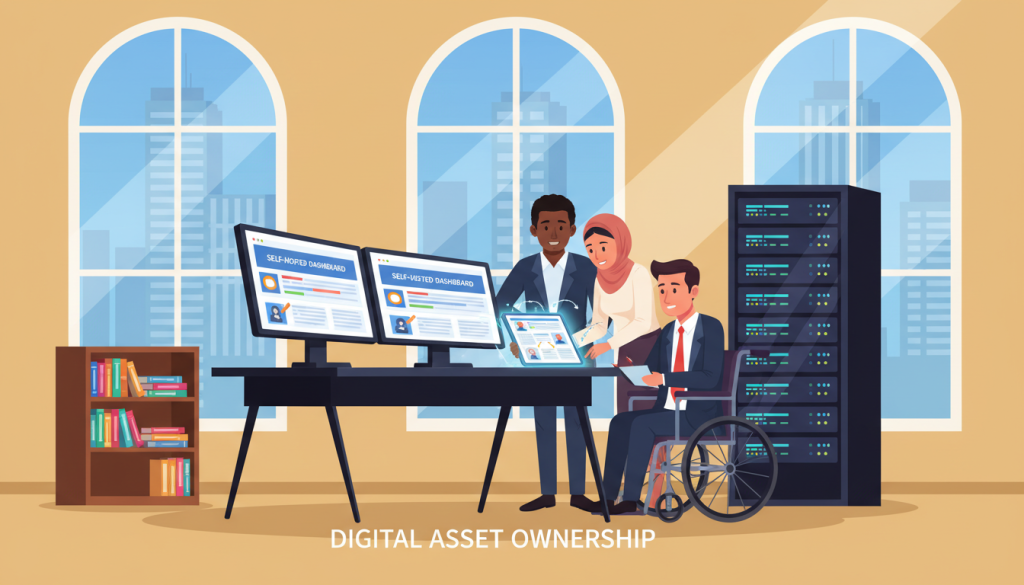 A modern office setting featuring a sleek workstation with dual monitors displaying self-hosted website management dashboards. In the foreground, a diverse group of professionals in business attire discussing strategies over a digital tablet, showcasing collaboration and ownership in digital asset management. The middle layer includes a contemporary server rack with blinking lights, symbolizing secure self-hosted solutions, and a nearby small bookshelf filled with technology resources. In the background, large windows let in natural light, creating a bright and motivating atmosphere with a city skyline view. The lighting is warm, enhancing a sense of security and control, while the overall mood conveys professionalism, innovation, and confidence in digital ownership. A modern office setting featuring a sleek workstation with dual monitors displaying self-hosted website management dashboards. In the foreground, a diverse group of professionals in business attire discussing strategies over a digital tablet, showcasing collaboration and ownership in digital asset management. The middle layer includes a contemporary server rack with blinking lights, symbolizing secure self-hosted solutions, and a nearby small bookshelf filled with technology resources. In the background, large windows let in natural light, creating a bright and motivating atmosphere with a city skyline view. The lighting is warm, enhancing a sense of security and control, while the overall mood conveys professionalism, innovation, and confidence in digital ownership.