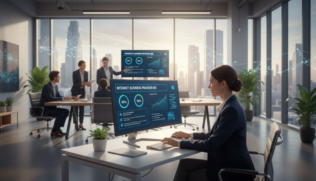 A modern office setting showcasing automated customer feedback requests in action. In the foreground, a professional woman in business attire interacts with a sleek computer interface displaying a dynamic dashboard titled "Internet Business Provider (IB)". The screen shows positive customer feedback and analytics graphs. In the middle ground, large windows let in soft, natural lighting, creating a bright atmosphere. Colleagues can be seen engaged in discussions at a collaborative work table, emphasizing teamwork and strategy in review management. The background features a modern cityscape, symbolizing digital engagement and connection. The overall mood is optimistic and innovative, reflecting the efficiency of strategic review management in enhancing customer service. The visual should capture a sense of professionalism and advancement in business practices. A modern office setting showcasing automated customer feedback requests in action. In the foreground, a professional woman in business attire interacts with a sleek computer interface displaying a dynamic dashboard titled "Internet Business Provider (IB)". The screen shows positive customer feedback and analytics graphs. In the middle ground, large windows let in soft, natural lighting, creating a bright atmosphere. Colleagues can be seen engaged in discussions at a collaborative work table, emphasizing teamwork and strategy in review management. The background features a modern cityscape, symbolizing digital engagement and connection. The overall mood is optimistic and innovative, reflecting the efficiency of strategic review management in enhancing customer service. The visual should capture a sense of professionalism and advancement in business practices.