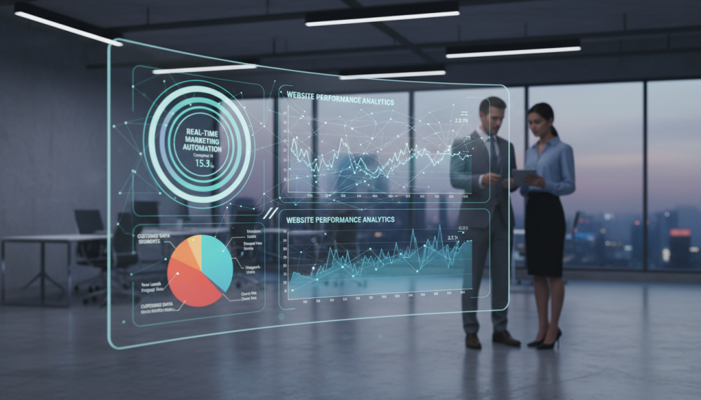 A professional dashboard displaying real-time marketing automation charts, customer data segments, and website performance analytics in a clean, modern office setting. A professional dashboard displaying real-time marketing automation charts, customer data segments, and website performance analytics in a clean, modern office setting.