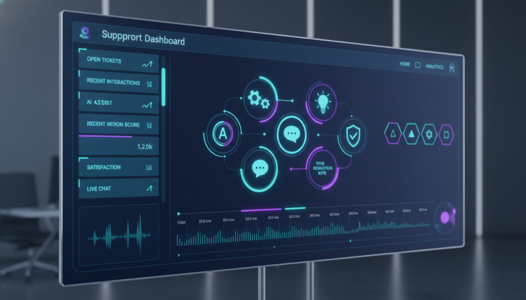 A professional digital interface showing a customer support dashboard with automated response icons and organized data categories, 4k, clean business UI. A professional digital interface showing a customer support dashboard with automated response icons and organized data categories, 4k, clean business UI.