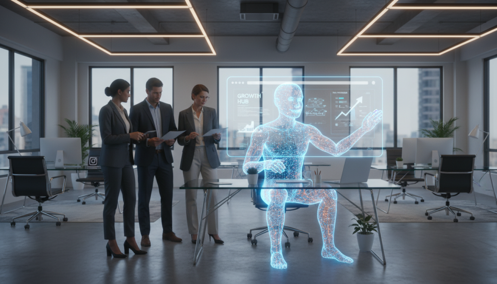 A professional marketing office scene where a digital website interface is depicted as a glowing, productive team member helping a modern business grow, clean aesthetic, high resolution, soft corporate lighting. A professional marketing office scene where a digital website interface is depicted as a glowing, productive team member helping a modern business grow, clean aesthetic, high resolution, soft corporate lighting.