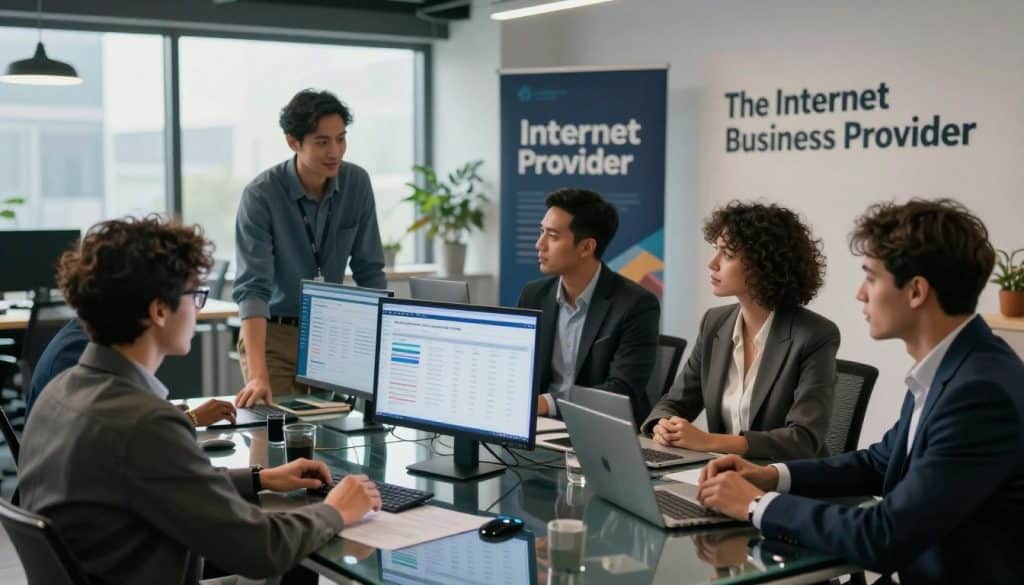 A professional office environment showcasing a reputation management company in action. In the foreground, a diverse team of business professionals, dressed in smart casual attire, is engaged in a strategy session around a sleek glass table, showing digital screens with analytics and reputation metrics. The middle ground features a modern, stylish office backdrop with large windows letting in soft, natural light, creating an inviting atmosphere. In the background, a banner with the brand name "The Internet Business Provider" is displayed prominently on a wall. The mood is collaborative and focused, emphasizing teamwork and innovation. Use a slightly elevated angle to capture the entire scene effectively, enhancing the sense of connectivity and professionalism. The lighting should highlight the faces of the team members, adding warmth to the setting. A professional office environment showcasing a reputation management company in action. In the foreground, a diverse team of business professionals, dressed in smart casual attire, is engaged in a strategy session around a sleek glass table, showing digital screens with analytics and reputation metrics. The middle ground features a modern, stylish office backdrop with large windows letting in soft, natural light, creating an inviting atmosphere. In the background, a banner with the brand name "The Internet Business Provider" is displayed prominently on a wall. The mood is collaborative and focused, emphasizing teamwork and innovation. Use a slightly elevated angle to capture the entire scene effectively, enhancing the sense of connectivity and professionalism. The lighting should highlight the faces of the team members, adding warmth to the setting.