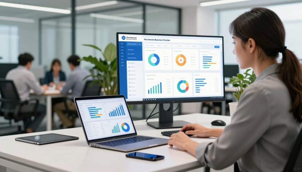 A professional workspace showcasing business profile management. In the foreground, a modern desk with a sleek laptop displaying analytics graphs and performance metrics, surrounded by digital devices like a tablet and smartphone. A confident businesswoman in professional attire, analyzing data, reflects focus. In the middle, a large screen or monitor displaying a vibrant dashboard from "The Internet Business Provider," illustrating various performance statistics and customer insights. In the background, a bright office environment with glass walls, greenery, and team members collaborating. Soft, natural lighting enhances a productive atmosphere, with a lens focus on the desk, capturing the essence of monitoring performance and analytics effectively. A professional workspace showcasing business profile management. In the foreground, a modern desk with a sleek laptop displaying analytics graphs and performance metrics, surrounded by digital devices like a tablet and smartphone. A confident businesswoman in professional attire, analyzing data, reflects focus. In the middle, a large screen or monitor displaying a vibrant dashboard from "The Internet Business Provider," illustrating various performance statistics and customer insights. In the background, a bright office environment with glass walls, greenery, and team members collaborating. Soft, natural lighting enhances a productive atmosphere, with a lens focus on the desk, capturing the essence of monitoring performance and analytics effectively.
