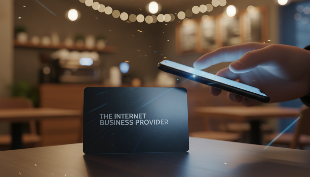 A sleek and modern NFC review card prominently displayed in the foreground, showcasing the brand name "The Internet Business Provider". The card should appear glossy and high-tech, reflecting light with a subtle sheen. In the middle ground, a blurred hand is shown gently tapping the card against a smartphone, illustrating the simplicity of contactless interaction. The background features a cozy café environment, with warm lighting creating a welcoming atmosphere. Soft bokeh effects enhance the focus on the NFC card and smartphone. The overall mood should be upbeat and professional, emphasizing ease of use and convenience in local SEO. The image should embody a clean, tech-savvy aesthetic without any text, capturing the revolutionary nature of this setup simplicity in business reviews. A sleek and modern NFC review card prominently displayed in the foreground, showcasing the brand name "The Internet Business Provider". The card should appear glossy and high-tech, reflecting light with a subtle sheen. In the middle ground, a blurred hand is shown gently tapping the card against a smartphone, illustrating the simplicity of contactless interaction. The background features a cozy café environment, with warm lighting creating a welcoming atmosphere. Soft bokeh effects enhance the focus on the NFC card and smartphone. The overall mood should be upbeat and professional, emphasizing ease of use and convenience in local SEO. The image should embody a clean, tech-savvy aesthetic without any text, capturing the revolutionary nature of this setup simplicity in business reviews.