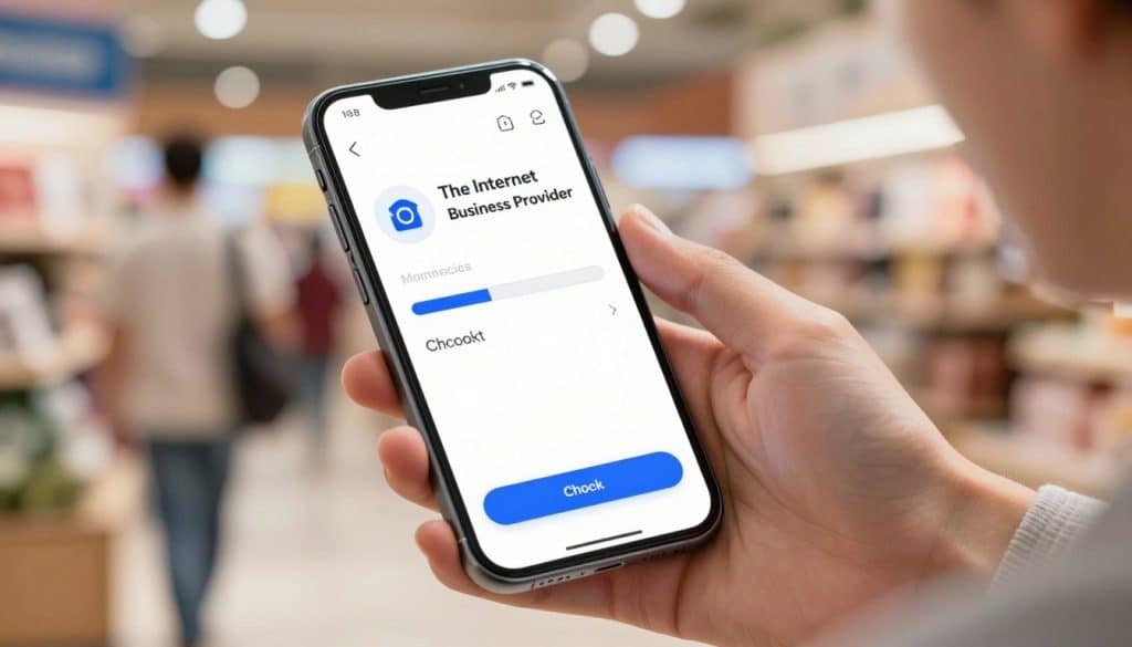 A sleek and modern mobile phone is positioned prominently in the foreground, displaying an optimized mCommerce checkout interface that is both user-friendly and visually appealing. The screen showcases an elegant progress bar and minimalistic design elements by "The Internet Business Provider," emphasizing a seamless checkout process with bright and inviting colors. In the middle ground, blurred hands are gently gesturing towards the phone, symbolizing user interaction and engagement. The background features an abstract representation of a bustling online marketplace, with soft, diffused lighting filtering through, creating an energetic yet professional atmosphere. The scene conveys a mood of innovation and ease, with a focus on frictionless online shopping experiences, captured from a slight angle to enhance depth and perspective. A sleek and modern mobile phone is positioned prominently in the foreground, displaying an optimized mCommerce checkout interface that is both user-friendly and visually appealing. The screen showcases an elegant progress bar and minimalistic design elements by "The Internet Business Provider," emphasizing a seamless checkout process with bright and inviting colors. In the middle ground, blurred hands are gently gesturing towards the phone, symbolizing user interaction and engagement. The background features an abstract representation of a bustling online marketplace, with soft, diffused lighting filtering through, creating an energetic yet professional atmosphere. The scene conveys a mood of innovation and ease, with a focus on frictionless online shopping experiences, captured from a slight angle to enhance depth and perspective.