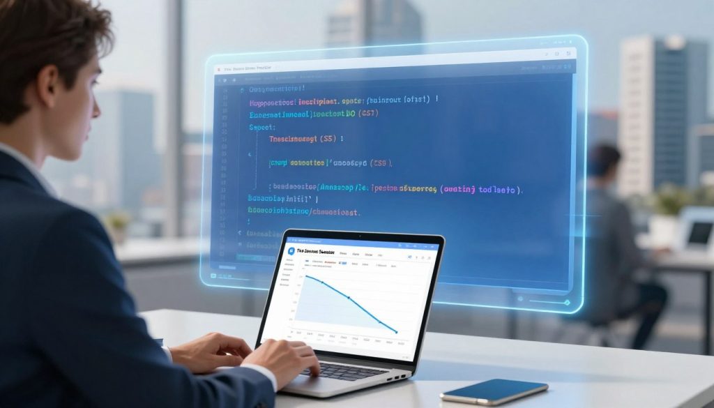 A sleek, modern digital workspace illustrating the concept of improving website speed. In the foreground, a professional businessperson in smart attire analyzes performance metrics on a laptop, showing graphs with decreasing load times. The middle section features a large, translucent display screen showcasing streamlined lines of optimized JavaScript and CSS code, glowing softly with a blue hue. The background presents a dynamic city skyline blurred in motion, symbolizing fast-paced online activity. Bright, even lighting emphasizes clarity and focus, creating a motivating atmosphere. The image subtly includes the brand name "The Internet Business Provider" integrated into the design, enhancing the professional look. The composition conveys urgency and innovation, ideal for highlighting strategies to minimize digital bloat and enhance user experience. A sleek, modern digital workspace illustrating the concept of improving website speed. In the foreground, a professional businessperson in smart attire analyzes performance metrics on a laptop, showing graphs with decreasing load times. The middle section features a large, translucent display screen showcasing streamlined lines of optimized JavaScript and CSS code, glowing softly with a blue hue. The background presents a dynamic city skyline blurred in motion, symbolizing fast-paced online activity. Bright, even lighting emphasizes clarity and focus, creating a motivating atmosphere. The image subtly includes the brand name "The Internet Business Provider" integrated into the design, enhancing the professional look. The composition conveys urgency and innovation, ideal for highlighting strategies to minimize digital bloat and enhance user experience.