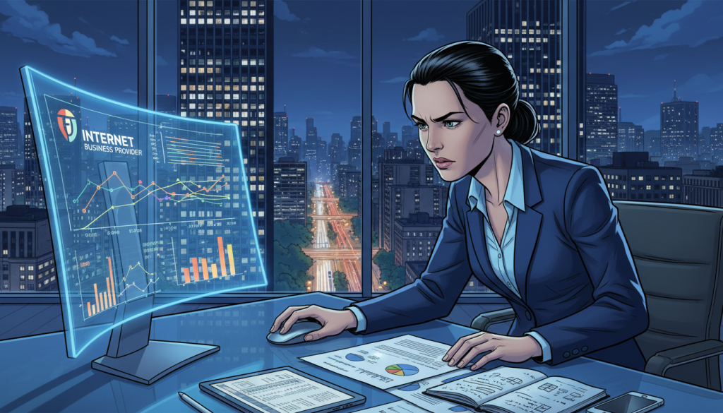 A sleek, modern office environment is captured in the foreground, showcasing a professional individual analysis lead conversion metrics on a high-tech computer screen. The person, dressed in smart business attire, intensely focuses on dynamic graphs and charts, symbolizing data-driven decision-making. In the middle, a glass desk is scattered with documents, statistics, and digital devices, highlighting a busy and efficient workspace. The background features a large window with a night view of a city skyline illuminated by city lights, providing a sense of ongoing activity and endless opportunities. The lighting is soft yet bright, with a cool blue tone emphasizing a professional atmosphere. A subtle logo of "The Internet Business Provider" is displayed on the computer screen, reinforcing branding without distractions. A sleek, modern office environment is captured in the foreground, showcasing a professional individual analysis lead conversion metrics on a high-tech computer screen. The person, dressed in smart business attire, intensely focuses on dynamic graphs and charts, symbolizing data-driven decision-making. In the middle, a glass desk is scattered with documents, statistics, and digital devices, highlighting a busy and efficient workspace. The background features a large window with a night view of a city skyline illuminated by city lights, providing a sense of ongoing activity and endless opportunities. The lighting is soft yet bright, with a cool blue tone emphasizing a professional atmosphere. A subtle logo of "The Internet Business Provider" is displayed on the computer screen, reinforcing branding without distractions.