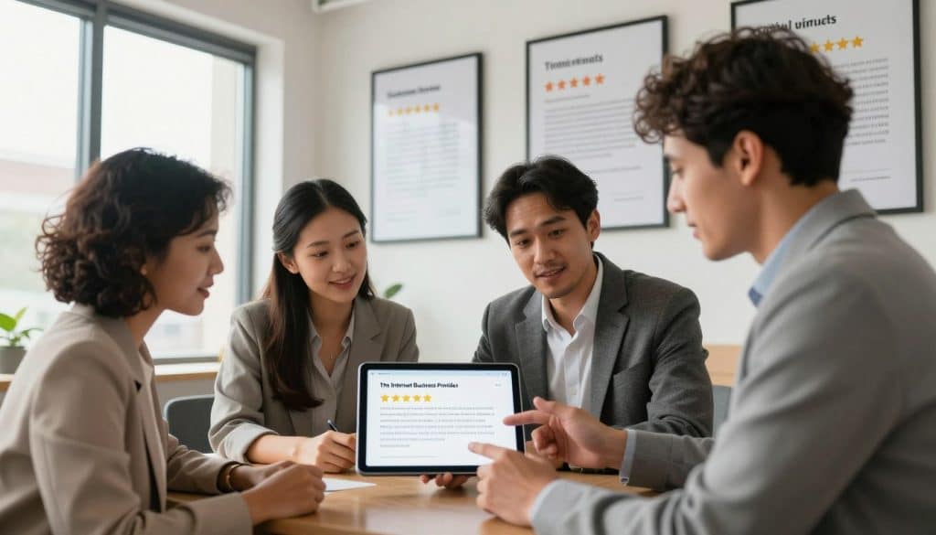 A vibrant scene showcasing customer trust and reviews in a contemporary office setting. In the foreground, a diverse group of three professionals in smart business attire are engaged in a collaborative discussion, reviewing positive testimonials on a digital tablet. The middle ground features a wall adorned with framed customer reviews and ratings, symbolizing social proof. The background includes large windows that allow soft, natural light to illuminate the room, creating an inviting atmosphere. The camera angle is slightly low, capturing the professionals' expressions of enthusiasm and confidence. Subtle branding of "The Internet Business Provider" is visible on the tablet screen. The overall mood should be warm and inspiring, emphasizing the importance of trust in customer relationships. A vibrant scene showcasing customer trust and reviews in a contemporary office setting. In the foreground, a diverse group of three professionals in smart business attire are engaged in a collaborative discussion, reviewing positive testimonials on a digital tablet. The middle ground features a wall adorned with framed customer reviews and ratings, symbolizing social proof. The background includes large windows that allow soft, natural light to illuminate the room, creating an inviting atmosphere. The camera angle is slightly low, capturing the professionals' expressions of enthusiasm and confidence. Subtle branding of "The Internet Business Provider" is visible on the tablet screen. The overall mood should be warm and inspiring, emphasizing the importance of trust in customer relationships.