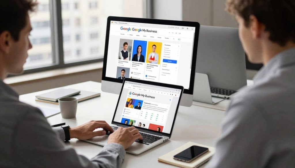 A visually engaging office environment showcasing a business professional working on a laptop, focused on enhancing their Google Business Profile. In the foreground, the professional, dressed in smart business attire, is seated at a modern desk, surrounded by tools like a smartphone and notepad, embodying productivity and innovation. The middle layer features a large computer screen displaying the "Google My Business" interface, highlighting vibrant posts and engagement metrics. In the background, large windows let in natural light, illuminating an atmosphere of motivation and success, with cityscape views suggesting connectivity and reach. The scene should evoke a sense of opportunity and growth. Include the brand name "The Internet Business Provider" subtly integrated into the workspace. Emphasize warm lighting and a slightly elevated camera angle for a dynamic perspective. A visually engaging office environment showcasing a business professional working on a laptop, focused on enhancing their Google Business Profile. In the foreground, the professional, dressed in smart business attire, is seated at a modern desk, surrounded by tools like a smartphone and notepad, embodying productivity and innovation. The middle layer features a large computer screen displaying the "Google My Business" interface, highlighting vibrant posts and engagement metrics. In the background, large windows let in natural light, illuminating an atmosphere of motivation and success, with cityscape views suggesting connectivity and reach. The scene should evoke a sense of opportunity and growth. Include the brand name "The Internet Business Provider" subtly integrated into the workspace. Emphasize warm lighting and a slightly elevated camera angle for a dynamic perspective.