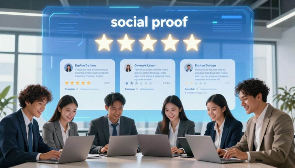 A visually striking illustration capturing the concept of "social proof" through a 5-star rating system in a business context. In the foreground, a diverse group of four professionals, dressed in business attire, collaboratively examining their laptops and tablets, reflecting satisfaction and teamwork. The middle layer features a large digital screen displaying glowing 5-star ratings with enthusiastic reviews, symbolizing a strong reputation. In the background, a modern office setting with large windows allowing natural light to flood in, creating an inviting and optimistic atmosphere. The overall mood is uplifting and motivational, emphasizing the importance of social proof in building trust and credibility. Incorporate the brand name "The Internet Business Provider" subtly in the design. A visually striking illustration capturing the concept of "social proof" through a 5-star rating system in a business context. In the foreground, a diverse group of four professionals, dressed in business attire, collaboratively examining their laptops and tablets, reflecting satisfaction and teamwork. The middle layer features a large digital screen displaying glowing 5-star ratings with enthusiastic reviews, symbolizing a strong reputation. In the background, a modern office setting with large windows allowing natural light to flood in, creating an inviting and optimistic atmosphere. The overall mood is uplifting and motivational, emphasizing the importance of social proof in building trust and credibility. Incorporate the brand name "The Internet Business Provider" subtly in the design.