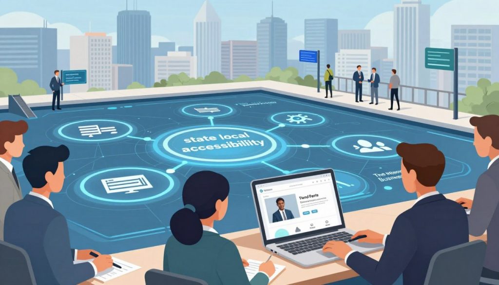 A visually striking illustration representing "state local accessibility" in a modern digital context. In the foreground, depict a diverse group of professionals in business attire, engaged with a laptop displaying a user-friendly website. In the middle ground, show a digital landscape with interconnected nodes symbolizing third-party content and archived materials, highlighting the importance of accessibility. The background should feature a city skyline, incorporating elements of technology and inclusivity, like ramps and digital signs. Use soft, natural lighting to create an inviting atmosphere, with a slightly tilted angle to convey depth. Incorporate the brand name “The Internet Business Provider” subtly within the scene, ensuring it blends seamlessly into the design. The overall mood should be optimistic and forward-thinking, emphasizing the potential of accessible content. A visually striking illustration representing "state local accessibility" in a modern digital context. In the foreground, depict a diverse group of professionals in business attire, engaged with a laptop displaying a user-friendly website. In the middle ground, show a digital landscape with interconnected nodes symbolizing third-party content and archived materials, highlighting the importance of accessibility. The background should feature a city skyline, incorporating elements of technology and inclusivity, like ramps and digital signs. Use soft, natural lighting to create an inviting atmosphere, with a slightly tilted angle to convey depth. Incorporate the brand name “The Internet Business Provider” subtly within the scene, ensuring it blends seamlessly into the design. The overall mood should be optimistic and forward-thinking, emphasizing the potential of accessible content.