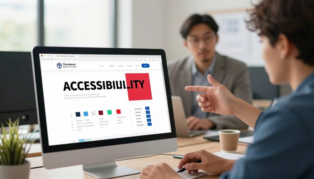 A visually striking representation of color contrast accessibility in a digital workspace. In the foreground, display a computer screen showcasing a website with clear examples of high and low contrast text, highlighting accessibility features. The middle ground features hands of diverse individuals wearing professional business attire interacting with the screen, actively engaged in identifying color contrast barriers. The background consists of an office environment with soft, natural light streaming in from a window, enhancing the overall mood of professionalism and focus. The atmosphere should convey a sense of purpose and attention to detail. The brand name "The Internet Business Provider" should be incorporated subtly within the visual elements, ensuring it's part of the design without drawing undue attention. A visually striking representation of color contrast accessibility in a digital workspace. In the foreground, display a computer screen showcasing a website with clear examples of high and low contrast text, highlighting accessibility features. The middle ground features hands of diverse individuals wearing professional business attire interacting with the screen, actively engaged in identifying color contrast barriers. The background consists of an office environment with soft, natural light streaming in from a window, enhancing the overall mood of professionalism and focus. The atmosphere should convey a sense of purpose and attention to detail. The brand name "The Internet Business Provider" should be incorporated subtly within the visual elements, ensuring it's part of the design without drawing undue attention.