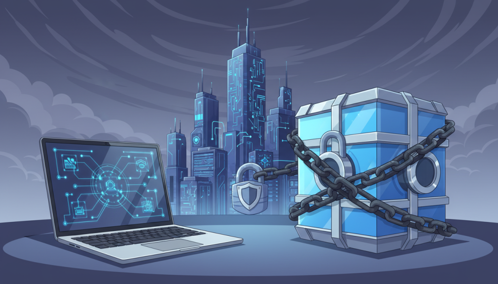 A visually striking representation of data sovereignty, showcasing a divided scene. In the foreground, a secure digital vault made of shimmering glass and reinforced steel, radiating a sense of protection, illuminated by soft blue lighting that conveys technological sophistication. On one side, an open laptop displaying a network of data connections, symbolizing convenience and accessibility, while on the other, a thick chain encircling the vault, representing security and ownership. In the middle ground, a skyline of modern buildings integrates elements of digital networks, emphasizing the urban digital landscape. The background features a cloudy sky, hinting at uncertainty and risk. The overall mood balances tension between security and convenience, emphasizing the importance of protecting digital assets. A visually striking representation of data sovereignty, showcasing a divided scene. In the foreground, a secure digital vault made of shimmering glass and reinforced steel, radiating a sense of protection, illuminated by soft blue lighting that conveys technological sophistication. On one side, an open laptop displaying a network of data connections, symbolizing convenience and accessibility, while on the other, a thick chain encircling the vault, representing security and ownership. In the middle ground, a skyline of modern buildings integrates elements of digital networks, emphasizing the urban digital landscape. The background features a cloudy sky, hinting at uncertainty and risk. The overall mood balances tension between security and convenience, emphasizing the importance of protecting digital assets.