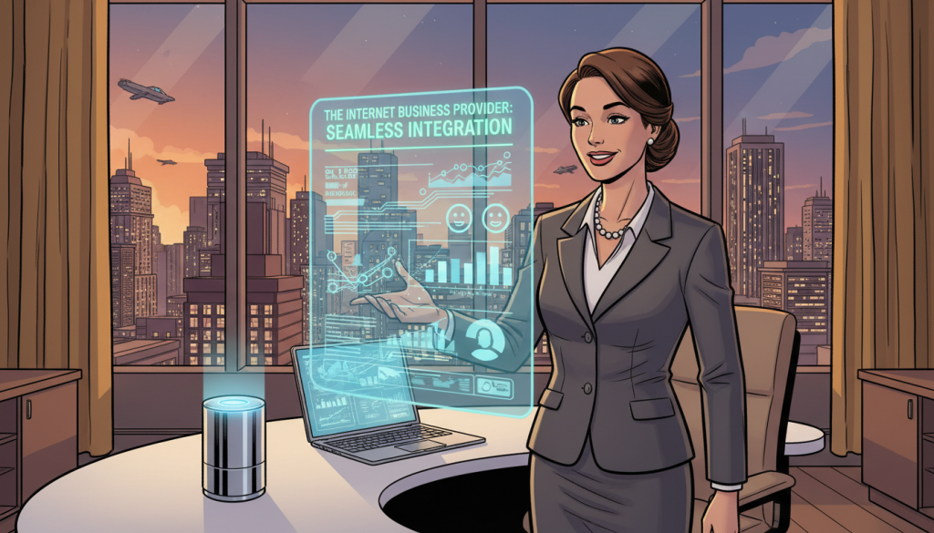 A warm, inviting office space at dusk, with soft golden lighting creating a cozy atmosphere. In the foreground, a well-dressed professional in business attire engages warmly with a holographic interface displaying customer data and automated sales metrics. The figure is smiling, emphasizing the human touch in a tech-driven environment. In the middle ground, a sleek, modern desk equipped with a laptop and a virtual assistant device shows activity, symbolizing automation. The background features a large window with a view of a city skyline, hinting at the bustling world outside. The overall mood is harmonious, blending technology and personal interaction seamlessly, showcasing "The Internet Business Provider" integration in sales automation. A warm, inviting office space at dusk, with soft golden lighting creating a cozy atmosphere. In the foreground, a well-dressed professional in business attire engages warmly with a holographic interface displaying customer data and automated sales metrics. The figure is smiling, emphasizing the human touch in a tech-driven environment. In the middle ground, a sleek, modern desk equipped with a laptop and a virtual assistant device shows activity, symbolizing automation. The background features a large window with a view of a city skyline, hinting at the bustling world outside. The overall mood is harmonious, blending technology and personal interaction seamlessly, showcasing "The Internet Business Provider" integration in sales automation.