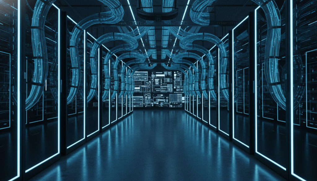 A wide-angle, professional photography shot of a high-tech server room with glowing blue LED lights and fiber optic cables, representing high-performance web hosting infrastructure, 8k resolution, cinematic lighting. A wide-angle, professional photography shot of a high-tech server room with glowing blue LED lights and fiber optic cables, representing high-performance web hosting infrastructure, 8k resolution, cinematic lighting.