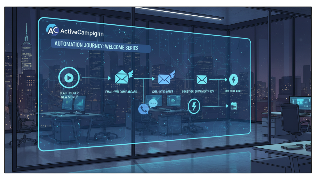 Create a high-quality, professional image showing a digital dashboard of ActiveCampaign, featuring a clean visual flow of an automation journey with icons for emails, SMS, and lead triggers, set against a modern office background at night. Create a high-quality, professional image showing a digital dashboard of ActiveCampaign, featuring a clean visual flow of an automation journey with icons for emails, SMS, and lead triggers, set against a modern office background at night.