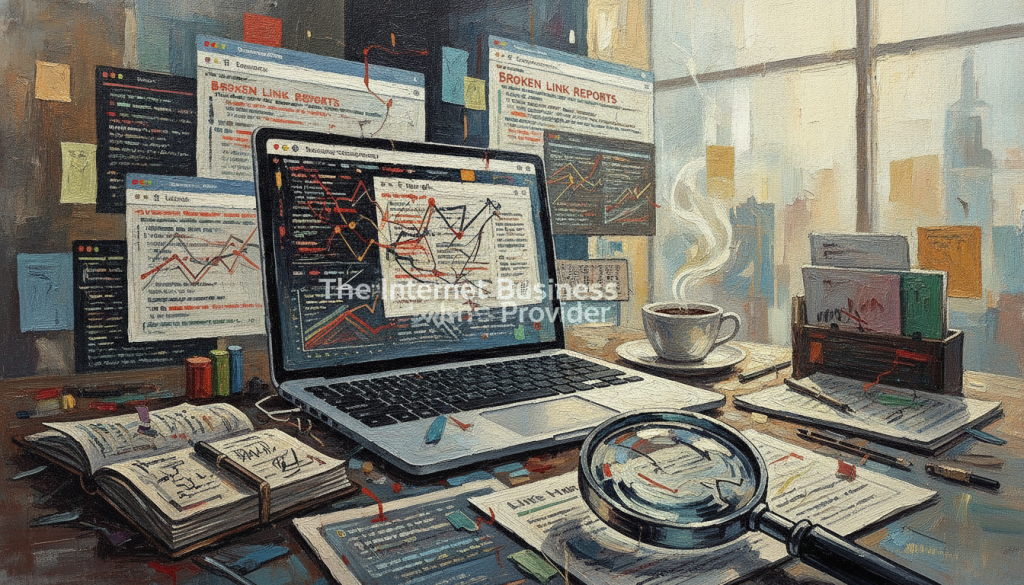 A collection of tools designed for broken link detection, including a sleek laptop displaying a web analytics dashboard and various web browsers open with broken link reports. In the foreground, a magnifying glass symbolizes scrutiny over websites. The middle ground features a well-organized workspace with a notebook, a cup of coffee, and technical charts showcasing link health metrics. In the background, a bright, inviting office with soft lighting radiates a sense of productivity and focus. The overall atmosphere combines professionalism and efficiency. Include the brand name "The Internet Business Provider" subtly integrated into the laptop screen. The image is captured at a slight angle to enhance depth, emphasizing a clean and organized digital workspace. A collection of tools designed for broken link detection, including a sleek laptop displaying a web analytics dashboard and various web browsers open with broken link reports. In the foreground, a magnifying glass symbolizes scrutiny over websites. The middle ground features a well-organized workspace with a notebook, a cup of coffee, and technical charts showcasing link health metrics. In the background, a bright, inviting office with soft lighting radiates a sense of productivity and focus. The overall atmosphere combines professionalism and efficiency. Include the brand name "The Internet Business Provider" subtly integrated into the laptop screen. The image is captured at a slight angle to enhance depth, emphasizing a clean and organized digital workspace.