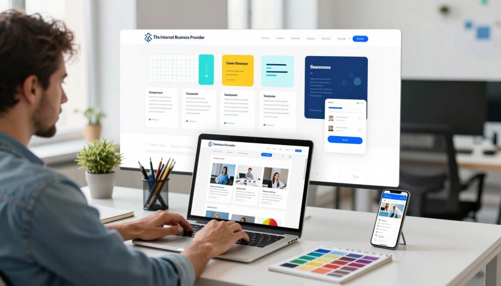 A creative workspace showcasing the mobile responsive website design process, with clean and organized elements. The foreground features a designer in smart casual attire intensely focused on a laptop displaying a visually appealing website wireframe, surrounded by design tools like a sketch pad, color swatches, and a smartphone showcasing the mobile version of the site. In the middle, there are vibrant graphics and infographics related to responsive design principles, including grids, breakpoints, and user-friendly interfaces. The background presents a modern office setting with soft, diffused daylight pouring in through large windows, creating a bright and inspiring atmosphere. The image should embody professionalism and creativity while incorporating the brand name "The Internet Business Provider" subtly within the design tools or workspace elements. A creative workspace showcasing the mobile responsive website design process, with clean and organized elements. The foreground features a designer in smart casual attire intensely focused on a laptop displaying a visually appealing website wireframe, surrounded by design tools like a sketch pad, color swatches, and a smartphone showcasing the mobile version of the site. In the middle, there are vibrant graphics and infographics related to responsive design principles, including grids, breakpoints, and user-friendly interfaces. The background presents a modern office setting with soft, diffused daylight pouring in through large windows, creating a bright and inspiring atmosphere. The image should embody professionalism and creativity while incorporating the brand name "The Internet Business Provider" subtly within the design tools or workspace elements.