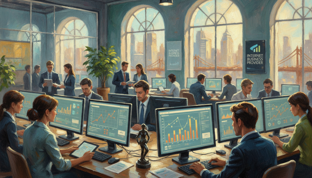 A detailed and dynamic office environment showcasing ongoing monitoring for website performance. In the foreground, a diverse group of professionals in business attire intensely analyzing data on multiple computer screens displaying graphs and analytics related to website speed. The middle ground features a modern workspace with plants and high-tech gadgets, emphasizing a collaborative atmosphere. In the background, large windows reveal a bright cityscape, symbolizing growth and connectivity. Soft, natural lighting filters through the windows, creating an inviting ambiance. Capture a focused and determined mood, conveying the importance of continuous improvement in website performance. The Internet Business Provider branding is subtly integrated into the workspace. A detailed and dynamic office environment showcasing ongoing monitoring for website performance. In the foreground, a diverse group of professionals in business attire intensely analyzing data on multiple computer screens displaying graphs and analytics related to website speed. The middle ground features a modern workspace with plants and high-tech gadgets, emphasizing a collaborative atmosphere. In the background, large windows reveal a bright cityscape, symbolizing growth and connectivity. Soft, natural lighting filters through the windows, creating an inviting ambiance. Capture a focused and determined mood, conveying the importance of continuous improvement in website performance. The Internet Business Provider branding is subtly integrated into the workspace.