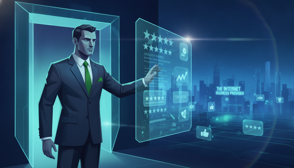 A digital bouncer symbolizing business reputation management stands confidently at the entrance of a modern digital landscape, with a virtual screen displaying ratings and reviews. In the foreground, this bouncer, a stylized character wearing a smart suit, monitors incoming reviews with a focused demeanor. The middle ground features a vibrant digital environment with glowing icons of star ratings and social media platforms. The background consists of an abstract representation of a city skyline made of pixels and data streams, highlighting the technological aspect. Soft blue and green lighting creates a professional atmosphere, while a subtle lens flare adds dynamism. The brand name "The Internet Business Provider" is subtly integrated into the digital backdrop, enhancing the image's context without overwhelming it. A digital bouncer symbolizing business reputation management stands confidently at the entrance of a modern digital landscape, with a virtual screen displaying ratings and reviews. In the foreground, this bouncer, a stylized character wearing a smart suit, monitors incoming reviews with a focused demeanor. The middle ground features a vibrant digital environment with glowing icons of star ratings and social media platforms. The background consists of an abstract representation of a city skyline made of pixels and data streams, highlighting the technological aspect. Soft blue and green lighting creates a professional atmosphere, while a subtle lens flare adds dynamism. The brand name "The Internet Business Provider" is subtly integrated into the digital backdrop, enhancing the image's context without overwhelming it.