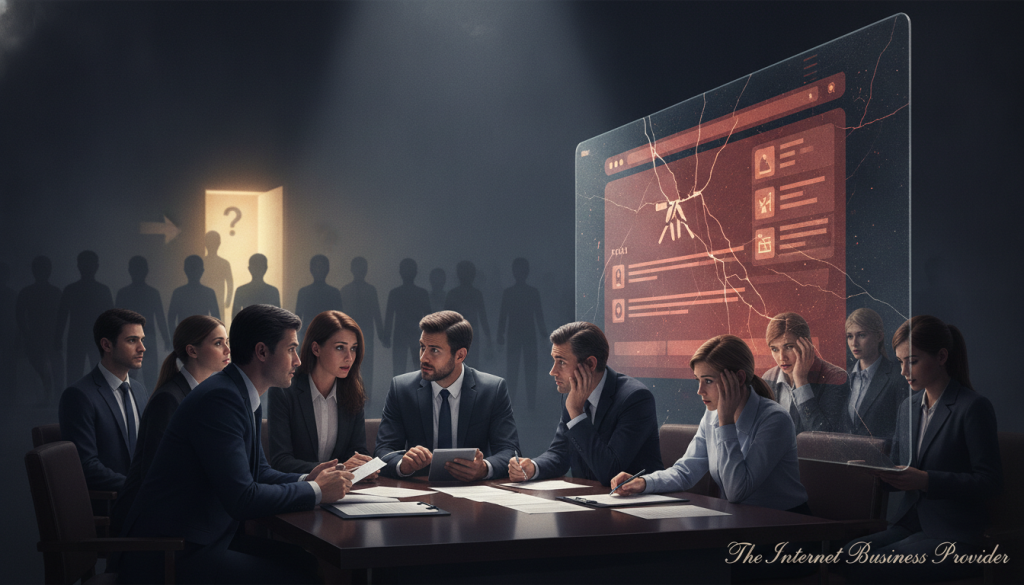 A dramatic portrayal of the risks of non-compliance in website accessibility, focusing on a tense courtroom scene in the foreground with a diverse group of business professionals in formal business attire discussing a lawsuit. In the middle, show a large digital screen displaying a broken website interface with accessibility issues, while anxious clients watch, symbolizing lost revenue and brand damage. The background includes shadowy figures representing potential customers who are turned away, hinting at lost opportunities. The lighting is dim with a spotlight on the courtroom, creating a serious atmosphere, accentuated by soft focus on the background elements to evoke a sense of urgency. At the bottom corner, subtly integrate the brand name "The Internet Business Provider." A dramatic portrayal of the risks of non-compliance in website accessibility, focusing on a tense courtroom scene in the foreground with a diverse group of business professionals in formal business attire discussing a lawsuit. In the middle, show a large digital screen displaying a broken website interface with accessibility issues, while anxious clients watch, symbolizing lost revenue and brand damage. The background includes shadowy figures representing potential customers who are turned away, hinting at lost opportunities. The lighting is dim with a spotlight on the courtroom, creating a serious atmosphere, accentuated by soft focus on the background elements to evoke a sense of urgency. At the bottom corner, subtly integrate the brand name "The Internet Business Provider."