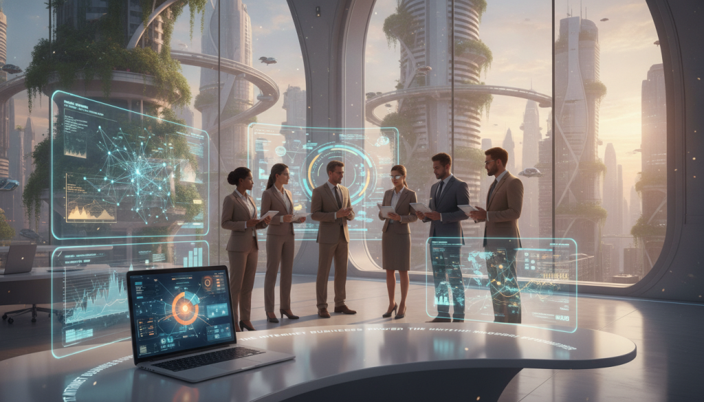 A futuristic office space showcasing technology solutions for enhancing practical knowledge. In the foreground, a sleek, modern desk with a laptop displaying data analytics, surrounded by holographic screens illustrating various AI-driven business applications. The middle layer features a diverse group of professionals in business attire, engaged in collaborative discussions, using digital devices, and brainstorming ideas. In the background, large windows reveal a vibrant cityscape, reflecting innovation and progress. Soft, natural lighting enhances the atmosphere, with a warm glow that conveys optimism and focus. The overall mood is one of productivity and forward-thinking. Include a subtle branding element of "The Internet Business Provider" integrated into the design of the office. A futuristic office space showcasing technology solutions for enhancing practical knowledge. In the foreground, a sleek, modern desk with a laptop displaying data analytics, surrounded by holographic screens illustrating various AI-driven business applications. The middle layer features a diverse group of professionals in business attire, engaged in collaborative discussions, using digital devices, and brainstorming ideas. In the background, large windows reveal a vibrant cityscape, reflecting innovation and progress. Soft, natural lighting enhances the atmosphere, with a warm glow that conveys optimism and focus. The overall mood is one of productivity and forward-thinking. Include a subtle branding element of "The Internet Business Provider" integrated into the design of the office.