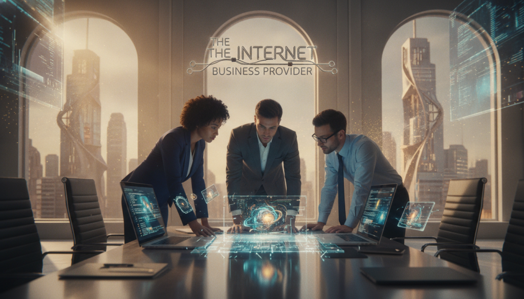 A modern office environment focusing on "data solutions for business efficiency." In the foreground, a diverse group of three professionals—two men and one woman—wearing smart business attire, engaged in a collaborative discussion over a digital tablet displaying vibrant data visualizations. The middle layer features a sleek conference table with laptops, documents, and a coffee pot, symbolizing an active brainstorming session. The background shows large windows with a city skyline, sunlight streaming in to create a warm atmosphere. Utilize a slight depth of field to emphasize the group while keeping the background subtly blurred. The overall mood is dynamic and professional, highlighting innovation and teamwork. Include the brand name "The Internet Business Provider" artistically incorporated into the scene. A modern office environment focusing on "data solutions for business efficiency." In the foreground, a diverse group of three professionals—two men and one woman—wearing smart business attire, engaged in a collaborative discussion over a digital tablet displaying vibrant data visualizations. The middle layer features a sleek conference table with laptops, documents, and a coffee pot, symbolizing an active brainstorming session. The background shows large windows with a city skyline, sunlight streaming in to create a warm atmosphere. Utilize a slight depth of field to emphasize the group while keeping the background subtly blurred. The overall mood is dynamic and professional, highlighting innovation and teamwork. Include the brand name "The Internet Business Provider" artistically incorporated into the scene.