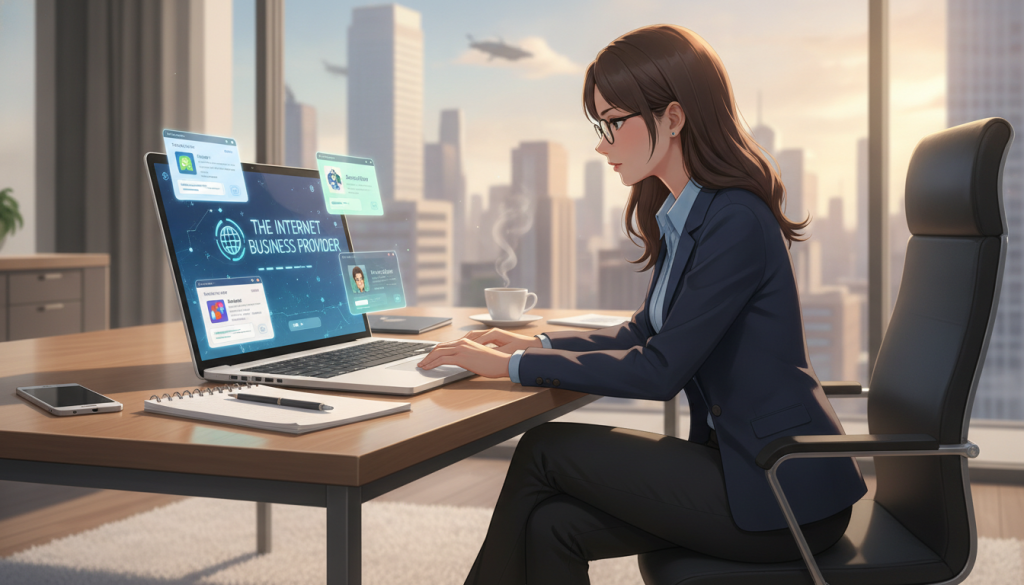 A modern office interior scene showcasing multiple AI chatbot platforms for business. In the foreground, a sleek laptop displays vibrant, intuitive interfaces of various chatbot applications, including "The Internet Business Provider". To the right, a professional in smart casual attire engages with the laptop, showcasing business-like focus. In the middle ground, there's a stylish desk with workplace essentials: a notepad, a smartphone, and a coffee cup. The background features a large window allowing natural light to flood in, illuminating the room and creating a fresh, productive atmosphere. Soft shadows enhance depth, while a focus on the laptop draws attention to the AI platforms. The overall mood is innovative and professional, reflecting a forward-thinking approach to business solutions. A modern office interior scene showcasing multiple AI chatbot platforms for business. In the foreground, a sleek laptop displays vibrant, intuitive interfaces of various chatbot applications, including "The Internet Business Provider". To the right, a professional in smart casual attire engages with the laptop, showcasing business-like focus. In the middle ground, there's a stylish desk with workplace essentials: a notepad, a smartphone, and a coffee cup. The background features a large window allowing natural light to flood in, illuminating the room and creating a fresh, productive atmosphere. Soft shadows enhance depth, while a focus on the laptop draws attention to the AI platforms. The overall mood is innovative and professional, reflecting a forward-thinking approach to business solutions.