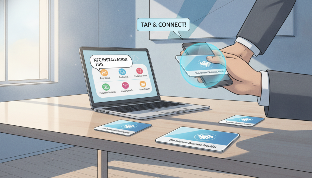 A modern office setting featuring a sleek desk with NFC review cards prominently displayed. In the foreground, a pair of hands, clad in smart business attire, demonstrates the activation of an NFC card using a smartphone. The middle ground reveals an organized workspace with a laptop open, showcasing instructional graphics related to NFC installation tips. The background includes a softly lit wall with decorative elements, echoing a professional yet inviting atmosphere. Natural light streams through a nearby window, casting gentle shadows. This scene embodies clarity and productivity, emphasizing the practical aspects of NFC technology. The brand name "The Internet Business Provider" subtly integrated into the NFC cards, reflecting a commitment to supporting local businesses. A modern office setting featuring a sleek desk with NFC review cards prominently displayed. In the foreground, a pair of hands, clad in smart business attire, demonstrates the activation of an NFC card using a smartphone. The middle ground reveals an organized workspace with a laptop open, showcasing instructional graphics related to NFC installation tips. The background includes a softly lit wall with decorative elements, echoing a professional yet inviting atmosphere. Natural light streams through a nearby window, casting gentle shadows. This scene embodies clarity and productivity, emphasizing the practical aspects of NFC technology. The brand name "The Internet Business Provider" subtly integrated into the NFC cards, reflecting a commitment to supporting local businesses.