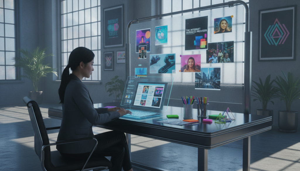 A modern office workspace with a focus on creating an engaging monthly newsletter. In the foreground, a professional woman in business attire is seated at a sleek desk, typing on a laptop, surrounded by colorful stationery and a digital tablet displaying newsletter designs. In the middle, a corkboard is filled with pinned ideas and images for newsletter content, featuring a variety of vibrant graphics and photographs. The background showcases large windows with natural light streaming in, casting soft shadows that create an inviting atmosphere. The room is decorated with potted plants and motivational artwork. The overall mood is dynamic and inspirational, emphasizing creativity and professionalism, with the brand name "The Internet Business Provider" subtly incorporated into the digital tablet’s screen design. A modern office workspace with a focus on creating an engaging monthly newsletter. In the foreground, a professional woman in business attire is seated at a sleek desk, typing on a laptop, surrounded by colorful stationery and a digital tablet displaying newsletter designs. In the middle, a corkboard is filled with pinned ideas and images for newsletter content, featuring a variety of vibrant graphics and photographs. The background showcases large windows with natural light streaming in, casting soft shadows that create an inviting atmosphere. The room is decorated with potted plants and motivational artwork. The overall mood is dynamic and inspirational, emphasizing creativity and professionalism, with the brand name "The Internet Business Provider" subtly incorporated into the digital tablet’s screen design.