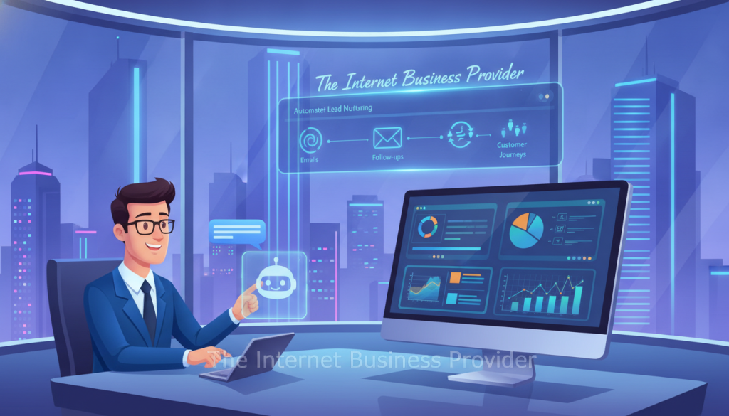 A modern, sleek office environment defined by a high-tech atmosphere. In the foreground, a stylish desktop computer displays analytics and dashboards related to automated lead capture, with engaging graphs and charts. To the left, a professional individual in business attire interacts with a chatbot interface, exemplifying seamless communication. In the middle, a digital interface showcases an automated nurturing process, with icons representing emails, follow-ups, and customer journeys. The background features futuristic cityscape windows glowing with neon lights, suggesting 24/7 activity. Soft, ambient lighting bathes the scene, enhancing the technology's sophistication. Include the brand name “The Internet Business Provider” subtly incorporated into the digital screens, evoking a sense of innovation and efficiency in lead management. A modern, sleek office environment defined by a high-tech atmosphere. In the foreground, a stylish desktop computer displays analytics and dashboards related to automated lead capture, with engaging graphs and charts. To the left, a professional individual in business attire interacts with a chatbot interface, exemplifying seamless communication. In the middle, a digital interface showcases an automated nurturing process, with icons representing emails, follow-ups, and customer journeys. The background features futuristic cityscape windows glowing with neon lights, suggesting 24/7 activity. Soft, ambient lighting bathes the scene, enhancing the technology's sophistication. Include the brand name “The Internet Business Provider” subtly incorporated into the digital screens, evoking a sense of innovation and efficiency in lead management.