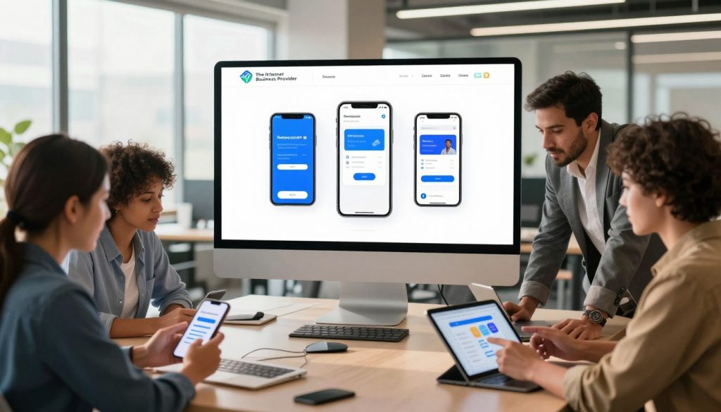 A modern workspace showcasing the significance of mobile responsiveness in web development, featuring a sleek, futuristic office environment. In the foreground, a diverse group of professionals, men and women of various ethnicities, are intently reviewing designs on smartphones and tablets, all dressed in professional business attire. The middle ground includes a large interactive touchscreen display, demonstrating a responsive webpage morphing across different mobile devices. In the background, large windows let in natural light, enhancing a vibrant atmosphere. Use a warm, inviting color palette, with soft shadows to create depth. The scene should convey a lively, collaborative mood as they discuss the adapting user experience. Include the logo "The Internet Business Provider" subtly integrated into the design on the touchscreen display, ensuring no text overlays distract from the image's message. A modern workspace showcasing the significance of mobile responsiveness in web development, featuring a sleek, futuristic office environment. In the foreground, a diverse group of professionals, men and women of various ethnicities, are intently reviewing designs on smartphones and tablets, all dressed in professional business attire. The middle ground includes a large interactive touchscreen display, demonstrating a responsive webpage morphing across different mobile devices. In the background, large windows let in natural light, enhancing a vibrant atmosphere. Use a warm, inviting color palette, with soft shadows to create depth. The scene should convey a lively, collaborative mood as they discuss the adapting user experience. Include the logo "The Internet Business Provider" subtly integrated into the design on the touchscreen display, ensuring no text overlays distract from the image's message.