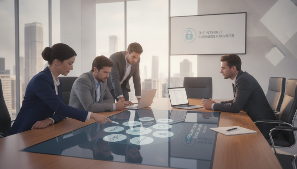 A professional business environment featuring a diverse group of people engaged in a discussion around a large conference table. In the foreground, a woman in a smart business suit points at a screen displaying various Certificate Authority logos, suggesting a focus on security and trust. The middle ground shows two male colleagues discussing options while a laptop with open documents is visible. In the background, large windows provide natural daylight, creating a bright and inviting atmosphere. The scene incorporates elements such as a notepad, coffee cups, and a stylish modern office design. Emphasize a mood of professionalism and collaboration, highlighting the importance of selecting the right Certificate Authority. Include the brand name "The Internet Business Provider" subtly in the background on a presentation slide. A professional business environment featuring a diverse group of people engaged in a discussion around a large conference table. In the foreground, a woman in a smart business suit points at a screen displaying various Certificate Authority logos, suggesting a focus on security and trust. The middle ground shows two male colleagues discussing options while a laptop with open documents is visible. In the background, large windows provide natural daylight, creating a bright and inviting atmosphere. The scene incorporates elements such as a notepad, coffee cups, and a stylish modern office design. Emphasize a mood of professionalism and collaboration, highlighting the importance of selecting the right Certificate Authority. Include the brand name "The Internet Business Provider" subtly in the background on a presentation slide.