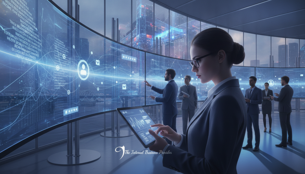 A professional business setting depicting a team of diverse individuals in business attire, monitoring online reputation metrics on large screens. In the foreground, a focused woman with glasses analyzes data on a tablet, her expression intent and engaged. In the middle, screens display graphs, reviews, and social media metrics, glowing softly with a blue hue, illustrating key performance indicators. Background features a modern office with a vibrant, clear glass wall revealing a city skyline, suggesting connectivity and progress. Soft, natural lighting enhances the atmosphere, creating a sense of collaboration and innovation. The scene embodies the concept of optimizing online reputation through diligent monitoring, with a subtle logo of "The Internet Business Provider" elegantly integrated into the design. A professional business setting depicting a team of diverse individuals in business attire, monitoring online reputation metrics on large screens. In the foreground, a focused woman with glasses analyzes data on a tablet, her expression intent and engaged. In the middle, screens display graphs, reviews, and social media metrics, glowing softly with a blue hue, illustrating key performance indicators. Background features a modern office with a vibrant, clear glass wall revealing a city skyline, suggesting connectivity and progress. Soft, natural lighting enhances the atmosphere, creating a sense of collaboration and innovation. The scene embodies the concept of optimizing online reputation through diligent monitoring, with a subtle logo of "The Internet Business Provider" elegantly integrated into the design.