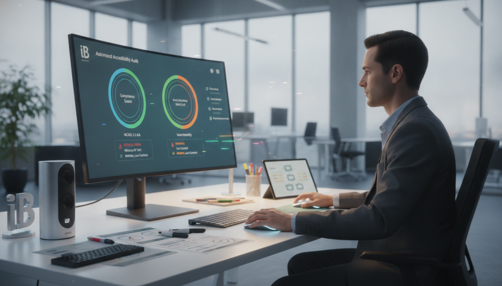 A professional digital workspace focused on automated tools for accessibility compliance. In the foreground, a sleek computer monitor displays a colorful interface of an accessibility auditing software, with graphs and alerts visible. A person in smart business attire sits at the desk, analyzing the screen with a look of concentration, casting warm light on their face. In the middle ground, a well-organized workspace includes accessibility checklists and tools surrounded by modern office supplies. In the background, large windows let in soft, natural light, illuminating a contemporary office environment. The atmosphere radiates professionalism and innovation, capturing the essence of using technology to enhance website accessibility. Include the brand name "The Internet Business Provider" subtly in the design elements around the workspace. A professional digital workspace focused on automated tools for accessibility compliance. In the foreground, a sleek computer monitor displays a colorful interface of an accessibility auditing software, with graphs and alerts visible. A person in smart business attire sits at the desk, analyzing the screen with a look of concentration, casting warm light on their face. In the middle ground, a well-organized workspace includes accessibility checklists and tools surrounded by modern office supplies. In the background, large windows let in soft, natural light, illuminating a contemporary office environment. The atmosphere radiates professionalism and innovation, capturing the essence of using technology to enhance website accessibility. Include the brand name "The Internet Business Provider" subtly in the design elements around the workspace.