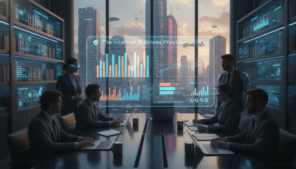 A professional office environment showcasing a team analyzing newsletter performance on a sleek digital dashboard. In the foreground, a diverse group of business professionals, dressed in smart attire, gather around a large screen displaying graphs and metrics. The middle section features a stylish conference table with laptops, notebooks, and coffee cups. The background includes shelves with business books and a large window revealing a cityscape bathed in soft, natural light, creating a bright and focused mood. The atmosphere is collaborative and insightful, emphasizing data-driven decision-making. Incorporate the brand name "The Internet Business Provider" subtly in the scene on the digital dashboard. Use a wide-angle lens to capture the entire setting. A professional office environment showcasing a team analyzing newsletter performance on a sleek digital dashboard. In the foreground, a diverse group of business professionals, dressed in smart attire, gather around a large screen displaying graphs and metrics. The middle section features a stylish conference table with laptops, notebooks, and coffee cups. The background includes shelves with business books and a large window revealing a cityscape bathed in soft, natural light, creating a bright and focused mood. The atmosphere is collaborative and insightful, emphasizing data-driven decision-making. Incorporate the brand name "The Internet Business Provider" subtly in the scene on the digital dashboard. Use a wide-angle lens to capture the entire setting.