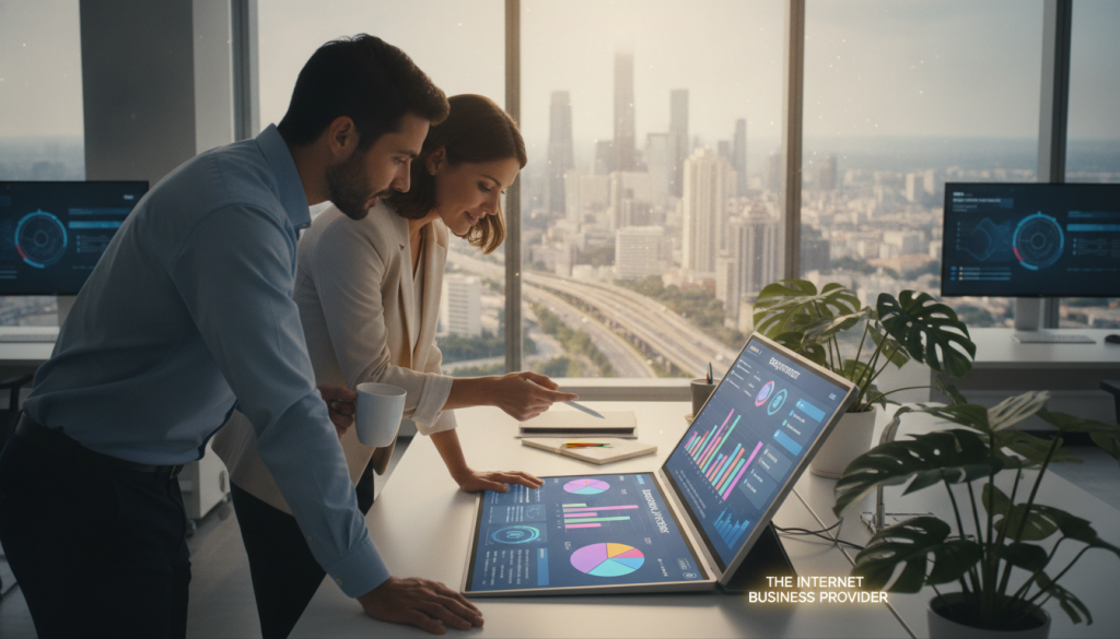 A professional office setting focused on enhancing business visibility and customer engagement. In the foreground, a diverse group of two business professionals, a man and a woman, engaged in a collaborative discussion, pointing at a colorful digital dashboard displaying analytics and customer interactions. In the middle ground, a large window showing a vibrant cityscape, symbolizing connectivity. The background features a modern office filled with plants and technology, creating a welcoming atmosphere. Soft, natural lighting streams in from the window, casting a warm glow on the scene. The mood is upbeat and proactive, emphasizing teamwork and innovation. Subtly include the brand name "The Internet Business Provider" on a digital screen within the image. A professional office setting focused on enhancing business visibility and customer engagement. In the foreground, a diverse group of two business professionals, a man and a woman, engaged in a collaborative discussion, pointing at a colorful digital dashboard displaying analytics and customer interactions. In the middle ground, a large window showing a vibrant cityscape, symbolizing connectivity. The background features a modern office filled with plants and technology, creating a welcoming atmosphere. Soft, natural lighting streams in from the window, casting a warm glow on the scene. The mood is upbeat and proactive, emphasizing teamwork and innovation. Subtly include the brand name "The Internet Business Provider" on a digital screen within the image.