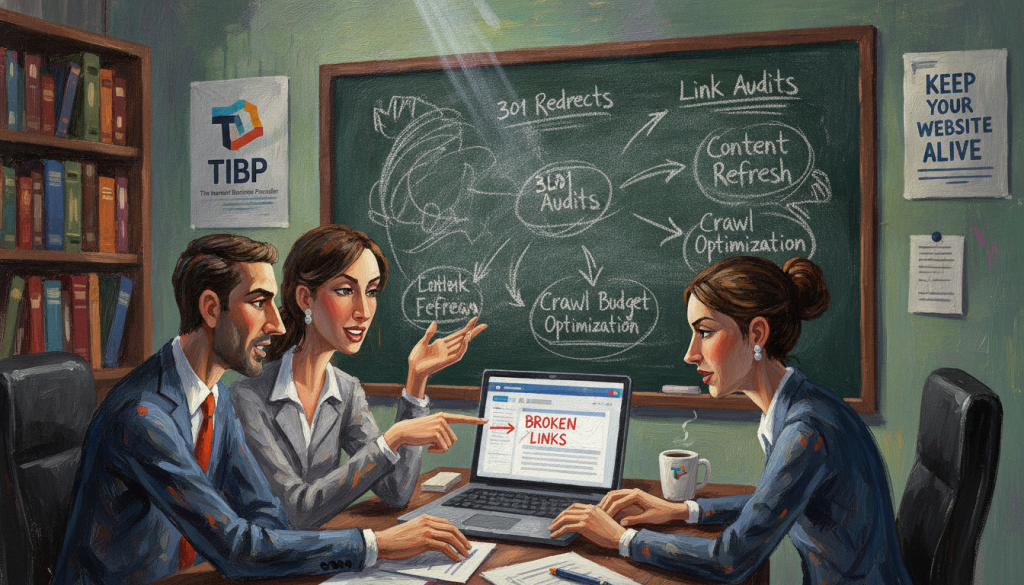 A professional setting illustrating best practices to fix broken links and maintain SEO health. In the foreground, a diverse group of three business professionals, dressed in professional business attire, focused on a laptop displaying a website audit report with broken links highlighted. In the middle ground, a large chalkboard filled with diagrams and flowcharts detailing strategies for fixing broken links, such as 301 redirects and link audits. The background features an office with soft ambient lighting, shelves lined with books on web development, and a motivational poster reading "Keep Your Website Alive". The atmosphere is collaborative and dynamic, emphasizing problem-solving and teamwork. The scene incorporates branding elements of "The Internet Business Provider" subtly within the office decor. A professional setting illustrating best practices to fix broken links and maintain SEO health. In the foreground, a diverse group of three business professionals, dressed in professional business attire, focused on a laptop displaying a website audit report with broken links highlighted. In the middle ground, a large chalkboard filled with diagrams and flowcharts detailing strategies for fixing broken links, such as 301 redirects and link audits. The background features an office with soft ambient lighting, shelves lined with books on web development, and a motivational poster reading "Keep Your Website Alive". The atmosphere is collaborative and dynamic, emphasizing problem-solving and teamwork. The scene incorporates branding elements of "The Internet Business Provider" subtly within the office decor.